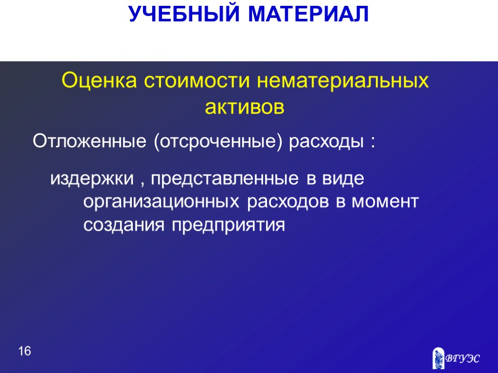 УЧЕБНЫЙ МАТЕРИАЛ 16 Оценка стоимости нематериальных активов издержки , представленные в виде организационных расходов